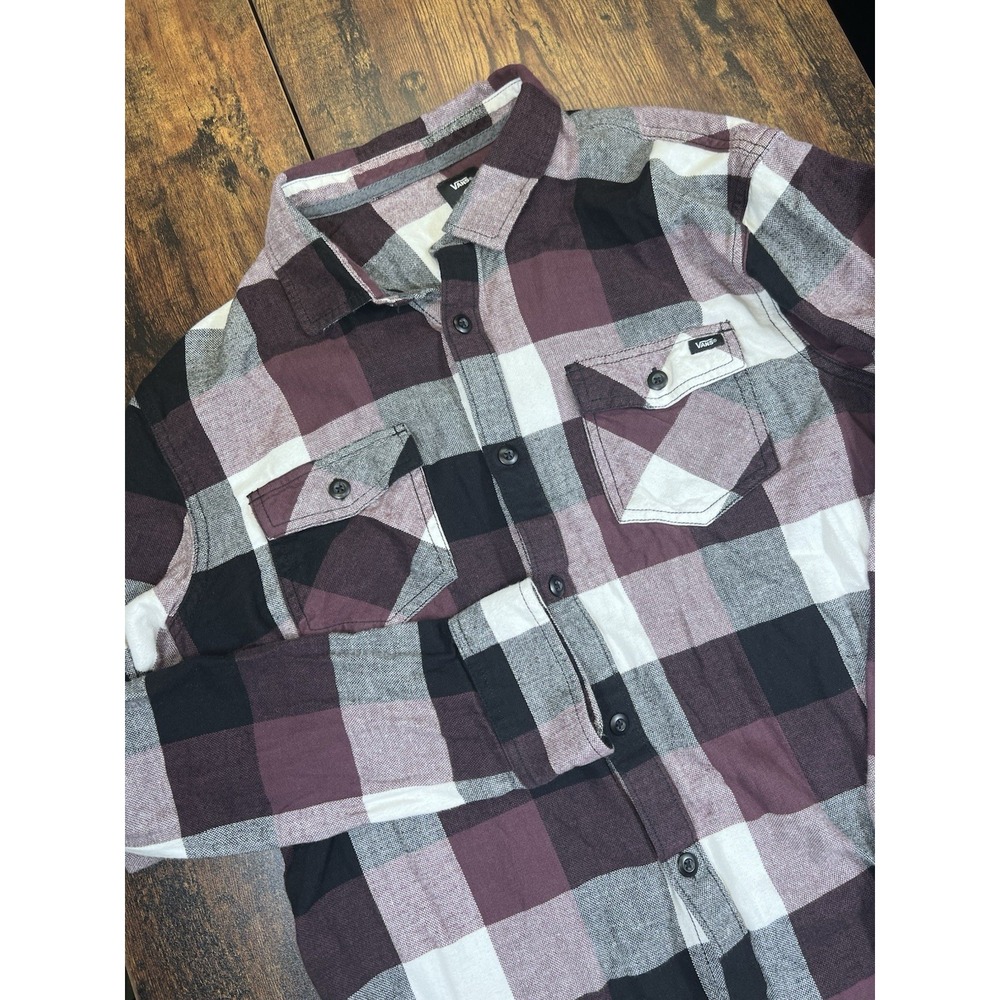 Vans Men's Burgundy Black and Cream Plaid Flannel Button-Down Shirt Size Large